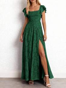 Women's Elegant Lace Floral Slit Cocktail Dress, Summer Formal Long Wedding Guest Bridesmaid Gown - 墨綠色 - 查看 3