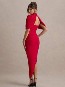 Ruched Bodycon Midi Dress Women's Backless Shawl Sleeve Elegant Party Gown - 紅色 - 查看 3