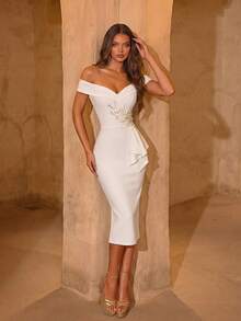 ADYCE Elegant Beaded Floral Decor Midi Bandage Party Dress, Suitable For Ball, Birthday Party, Evening Gala, Date, Homecoming, Wedding Guest, Cocktail Party, Family Gathering, Holiday, White Dress, New Year Dress Spring - White - View 3