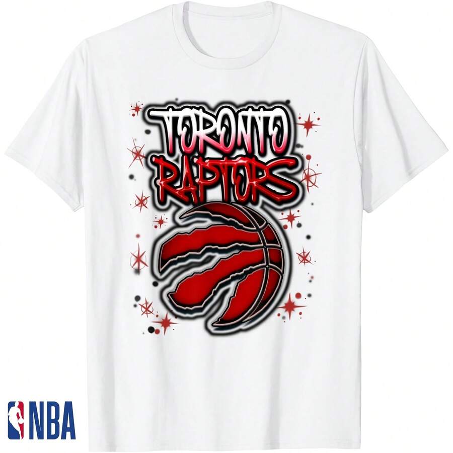 Toronto Raptors Airbrush Logo T-Shirt Suitable For All Seasons, 220g Pure Cotton Single-Sided Printed Crew Neck Short-Sleeved T-Shirt, Officially Licensed By The NBA And Designed For Basketball Fans. - Color 10 - View 1