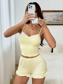 Bộ đồ hai mảnh Dila Polly dành cho nữ, áo hai dây cổ chữ V phối màu tương phản, thắt nơ và quần short, màu kem vàng, trang phục thường ngày mùa hè. - Vàng nhạt - Xem 8