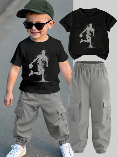 Young Boy Cartoon Print Round Neck Short Sleeve Top And Cargo Pants Set