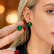 1對925銀鑲嵌天然瑪瑙和翡翠圓形耳環,專為時尚,優雅,性感,年輕女性,奢侈戀人,假期禮物而設計 - 綠色 - 查看 5