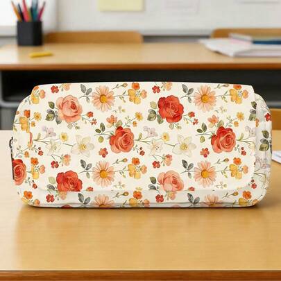 New Ditsy Floral Flip-Top Pencil Case, Large Capacity, Double-Layer Design, Made Of Durable Polyester Fabric, Washable, Suitable For Student Stationery Storage