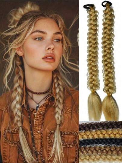 1件金色长直发辫子马尾假发，带松紧带，适合女性