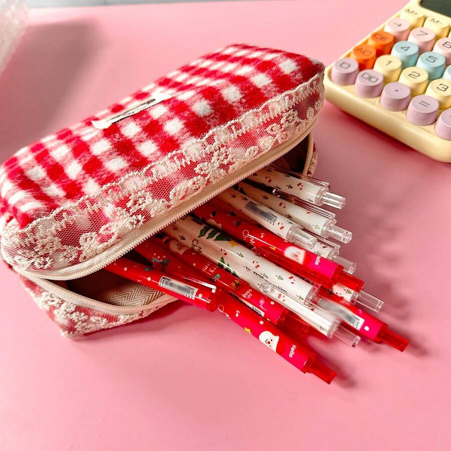 Elegant Red Plaid Pencil Case, Plush Storage Bag With Lace And Classic Print Design, Multi-Purpose Storage Pouch - Red Plaid - View 1