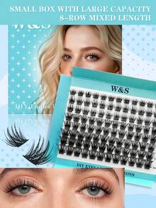 Waloshow 8排96片混合分段蓬松蓝色纸盒装加厚C/D卷度3D立体簇状假睫毛预卷扇形个性化机压睫毛嫁接分段自然假睫毛 - 黑色 - 查看 2