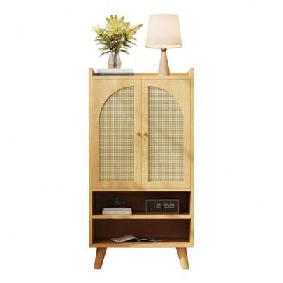 Rattan Sideboard With 2 Rattan Doors And 2 Open Compartments, Storage Unit/Sideboard Offering Ample Storage Space, Tall Wooden Cabinet, Multifunctional Piece For Entryway, Living Room Or Kitchen, Dimensions: W 60 * D 40 * H 121 Cm