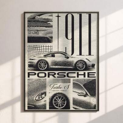 1pc Vintage Porsche 911 Poster, Digital Download Y2K Aesthetic Retro Black & White Sports Car Poster