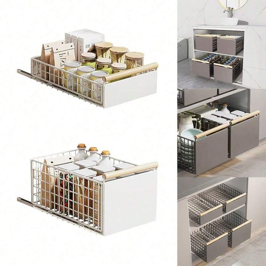 1pcs Pull Out Cabinet Organizer Slide Out Drawer Storage Shelves Extendable Kitchen - White - View 1