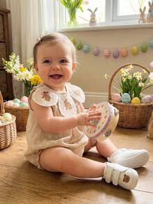 Baby Girls Rompers Easter Clothes Bunny Embroidered Crew Neck Sleeveless Infant Bodysuits Jumpsuits - Khaki - View 6