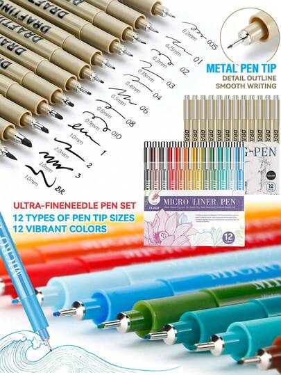 6/9/12 Pcs Multi-Function Black Fine Liner Pens Set, Super Fine Tip Pens, 12 Nib Sizes, 12 Color Fine Liners, 0.5mm Multi-Purpose Colored Fine Pens, Student Art Manga Outlining Pens, Waterproof Quick-Dry Drawing & Writing Pens In Camlin Color Tones - Perfect For Detailed Sketching, Drawing And Writing - For Artists And Hobbyists