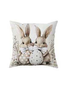 1/2/4pcs Easter Bunny & Egg Pillow Cover - Vintage Watercolor Spring Case With Bow Tie Design, Pastel Colors Suitable For Easter Home Decor, Machine Washable Cover Only (No Insert) - Apricot - View 7