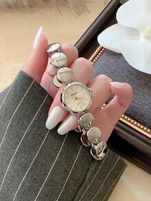 1 chiếc đồng hồ nữ mặt tròn mạ vàng, máy quartz, thiết kế tối giản thanh lịch, phù hợp để đeo hàng ngày, làm quà tặng sinh nhật/tốt nghiệp, hoặc dùng trong các buổi gặp gỡ và tiệc tùng. - Bạc - Xem 4