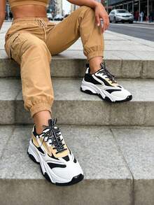 Women's Breathable Flat Sneakers Fashion Chunky Lace-Up Casual Comfortable Platform Sneakers Workout Sport Running Walking Tennis Shoes - 黑與白 - 查看 4