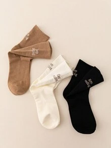 3双绣有“保持微笑”字母的吸湿排汗棉质中筒袜，时尚百搭 - 彩色 - 查看 2