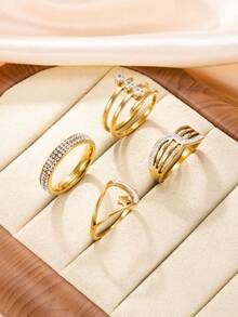 Set de 4 anillos de acero inoxidable con capas de lujo, con diamante de imitación y brillo de estrella, adecuado para uso diario o para fiestas de mujeres - anillo - Ver 9