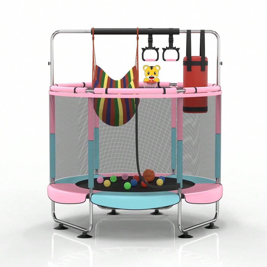 5Ft Leisure Trampoline With Adjustable Gymnastics Pole, Indoor And Outdoor Leisure Trampoline With Safety Fence And Gymnastics Circle - Pink - View 1