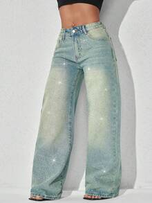 Quần jeans nữ ống rộng cạp thấp màu xanh dương bạc màu, túi xéo, trang trí ngọc trai giả, kiểu dáng thường ngày, thích hợp cho mùa xuân. - Màu xanh Ô liu - Xem 4