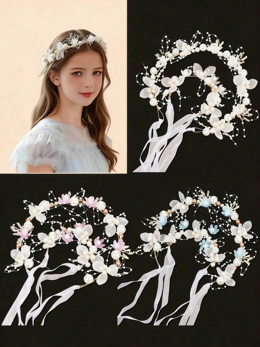 1件花环发箍，珍珠皇冠，韩式公主风发饰，花环发圈，女孩发饰，适合作为生日礼物或日常佩戴