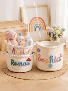 Customized Woven Baby Basket, Baby's First Christmas Gift, Embroidered Newborn Woven Basket, Rope Baby Room Basket, Baby Shower Basket - Multicolor - View 4