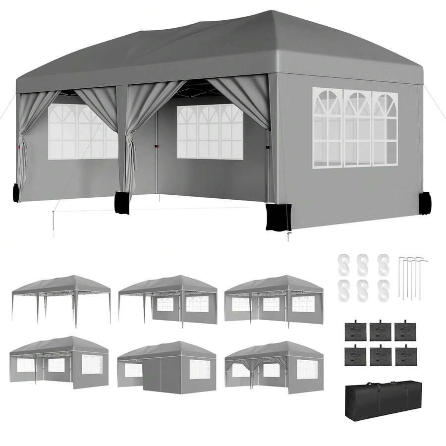 Toldo desplegable de Pulgadas con  Paredes Laterales, Tienda de campaña instantánea portátil al Aire última intervensión, Tienda de campaña Plegable Impermeable, Carpa versátil para Camping - Gris - 10x20 pies con paredes laterales - Ver 1