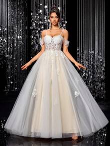 Patchwork Solid Color Applique Zipper Sequin Patchwork Wedding Dress White - White - View 3
