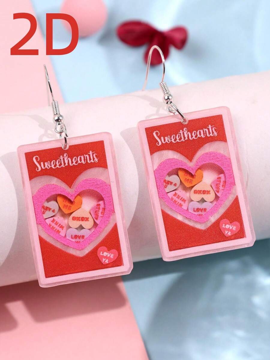 一对创意、趣味、可爱、独特的亚克力心形盒字母设计耳环,时尚女式首饰,派对配饰 - 彩色 - 查看 1