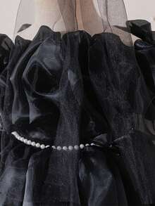 女嬰無袖人造珍珠歐根紗可愛泡泡花女童公主禮服，適合生日派對 - 黑色 - 查看 10
