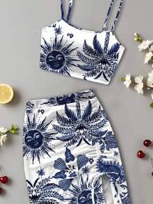Women's 2 Pieces Floral Print Casual Outfit, Slit Ruffle Drawstring Beach Vacation Summer - Blue and White - View 2
