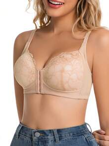 1pc Women's Front-Closure Sexy Lace Wireless Adjustable Strap Leisure Backless Bra - Apricot - View 6
