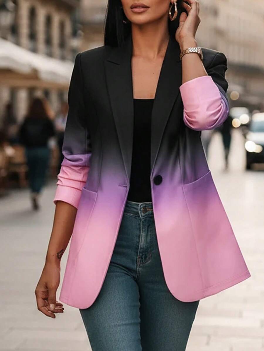 Áo khoác blazer dệt kim ombre cỡ lớn, cổ ve áo, tay dài, dáng regular fit, nhẹ và thoải mái cho kỳ nghỉ.