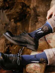 1双男女通用卡通复古英伦绅士中筒袜，狗狗图案，适合所有季节 - 彩色 - 查看 3