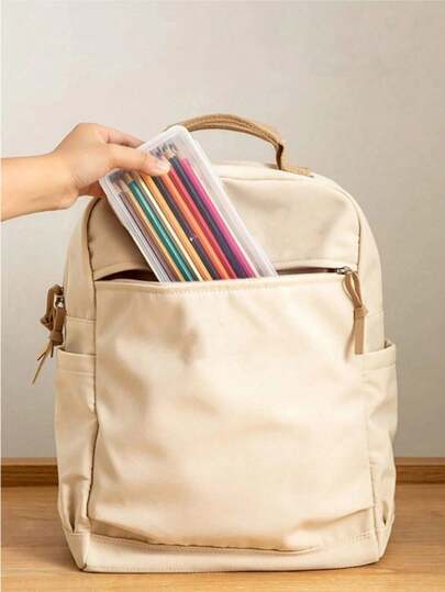 Large Transparent PP Storage Box With Lid, Lightweight Uncoated Surface, Suitable For Office/School Supplies, Pens, Pencils, Markers, Crafts, Desktop Organization, Cosmetics, Jewelry, Minimalist Style, Portable, Random Color (Box Only, Pens Not Included)