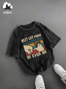 女士圆领猫咪字母印花休闲百搭日常短袖T恤 黑色 夏季 - 黑色 - 查看 2