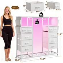 EnHomee Modern 10-Fabric Drawers Dresser With Wooden Top, Hanging Rack, Featuring Built-In LED Lighting And Power Hub Fit Bedroom And Living Room, White - Xem 5