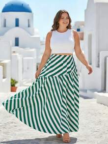 Falda larga elegante y de talla grande con rayas, falda de línea A verde y blanca para el estilo de falda de verano, tela tejida para un aspecto fluido de primavera - Verde - Ver 3