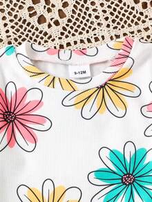 2件套女婴休闲雏菊印花短袖上衣和松紧腰短裤套装，夏季 - 白色 - 查看 4