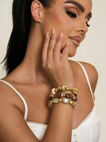 Altistry 3pcs Vintage Multi-Layer Brown Acrylic Beaded Bracelet, Transformable Gold Chip Bracelet, For Women, Couples, Party, Daily Wear - 3-piece Bracelet Set E - View 5