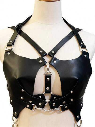 哥特朋克风黑色PU皮上衣，时尚短款上衣，适合派对、约会、节日礼物、音乐节和演出。