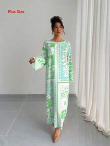 1件大尺碼女款阿拉伯風長袍，寬鬆優雅休閒度假洋裝，傳統阿拉伯服飾，春秋款 - 綠色 - 查看 5