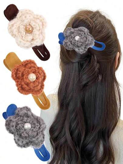 1pc Autumn/Winter Knitted Floral Hair Clip, Princess Side Bangs Hair Claw, Elegant Bun Clip For Thick Hair, Suitable For Daily Wear, Outdoor, Party, Wedding, Birthday, Holiday, Best Gift