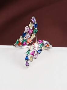 1枚不对称麦穗造型立方氧化锆镶嵌可调节时尚戒指，女士款 - 彩色 - 查看 12