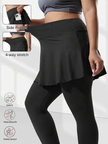 Women Skirted Leggings For Women With Pockets, With Skirt For Running Workout Active,Black - màu đen - Xem 6