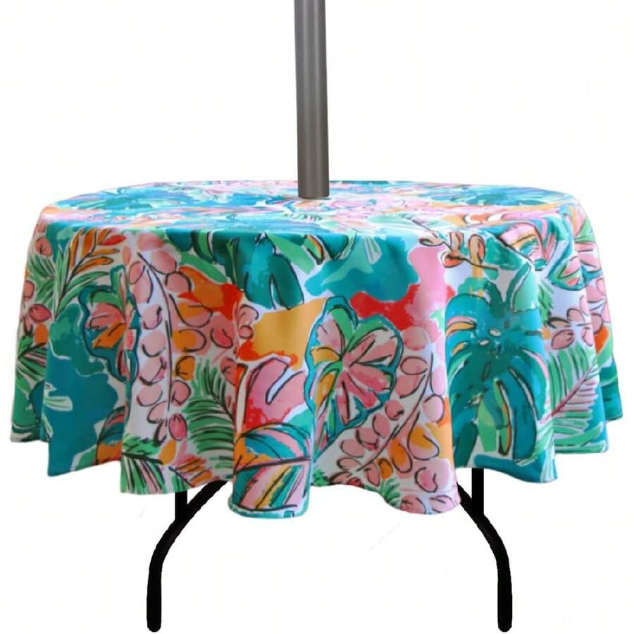 Mantel redondo de 60 pulgadas para interiores y exteriores, resistente al agua y con agujero para paraguas, en color licencia tropical - Cachemira - Ver 1