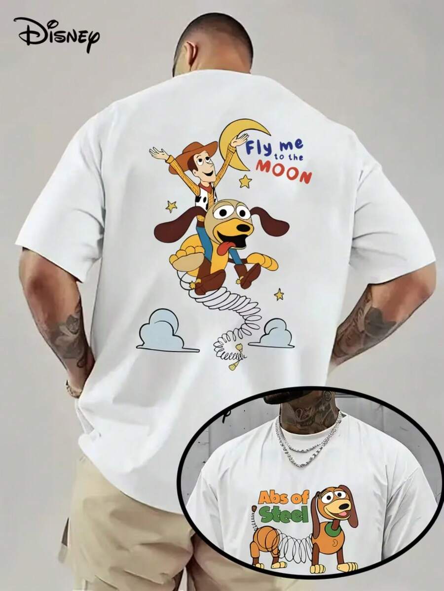 Authorized By Disney, Disney Toy Story Woody & Spring Dog! "Fly Me To The Moon" Fun T-Shirt For Men-Casual Short-Sleeved Shirt, Front And Back Printed Design, Breathable Summer Outdoor Round Neck Shirt, Casual Clothes, Creative Slogan Printed Style, Regular Version. - White - View 1