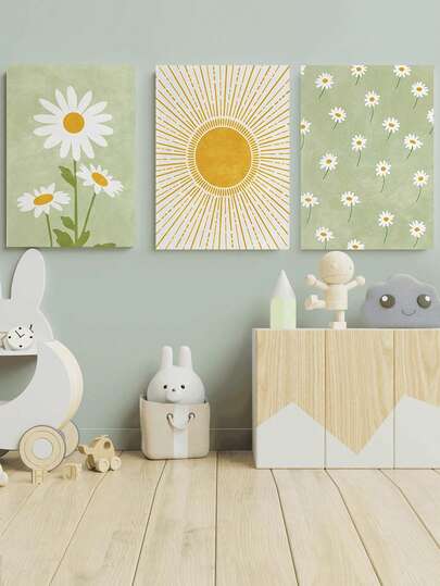 1幅帆布墙画 - 波西米亚风格婴儿房装饰画，雏菊图案，开心果绿和黄色系，现代太阳图案，抽象花卉图案，带框婴儿房装饰画，完美适用于游戏室、婴儿房、幼儿园、男孩房、女孩卧室、儿童房装饰。