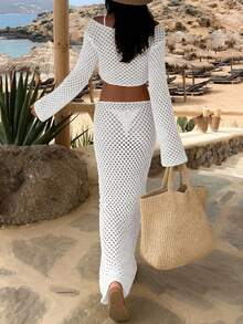 女士新款休闲沙滩镂空上衣和裙子套装 春季 - 杏色 - 查看 6