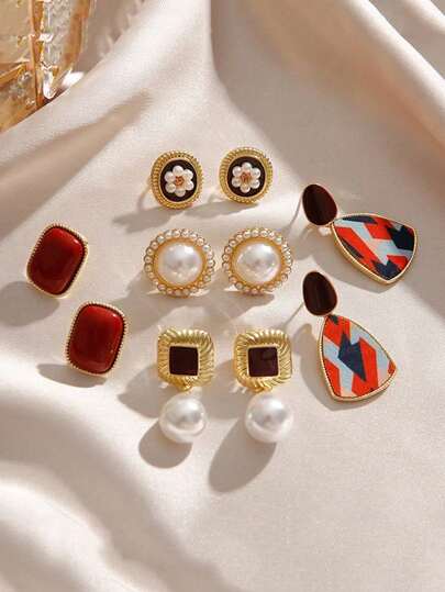 5 Pairs Minimalist Floral & Geometric Faux Pearl Luxury Unique Design Earrings Set, Suitable For Women To Wear On Weddings, Banquets, Daily Occasions And Festivals