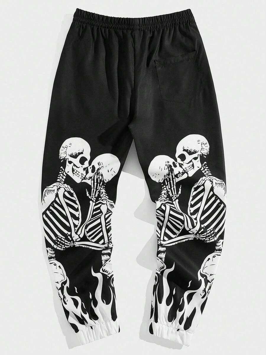 Pantalón casual de hombre con bolsillos con cordón, estampado de calavera y llamas, cómodo y suave, adecuado para uso diario y actividades al aire libre, pantalones de hombre para todas las estaciones. - Negro - Ver 1